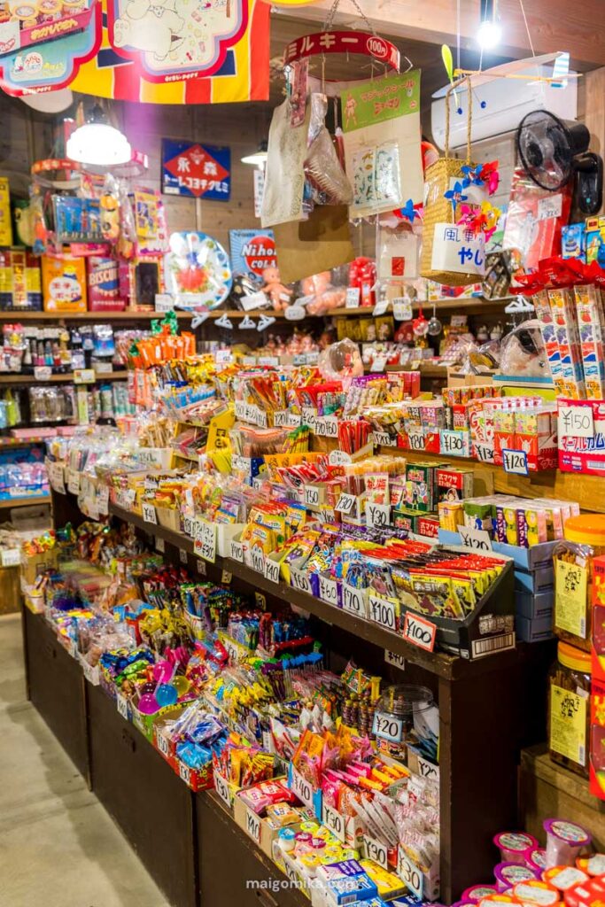 retro toys and candies on display in the Showa era museum of Showa no Machi, Oita prefecture.