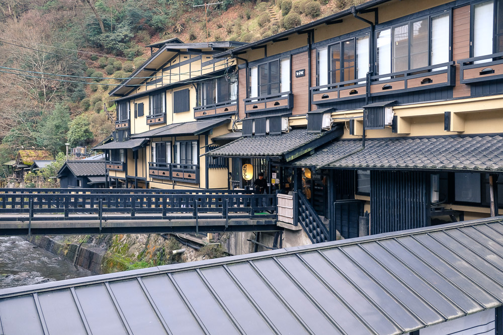 exterior view of traditional Japanese inn, Yamabiko Ryokan at Kurokawa Onsen, Kumamoto Prefecture.