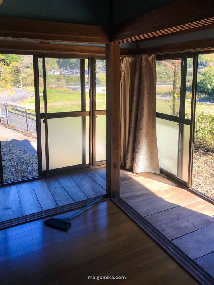 interior of an old traditional japanese house, an akiya, looking toward the engawa