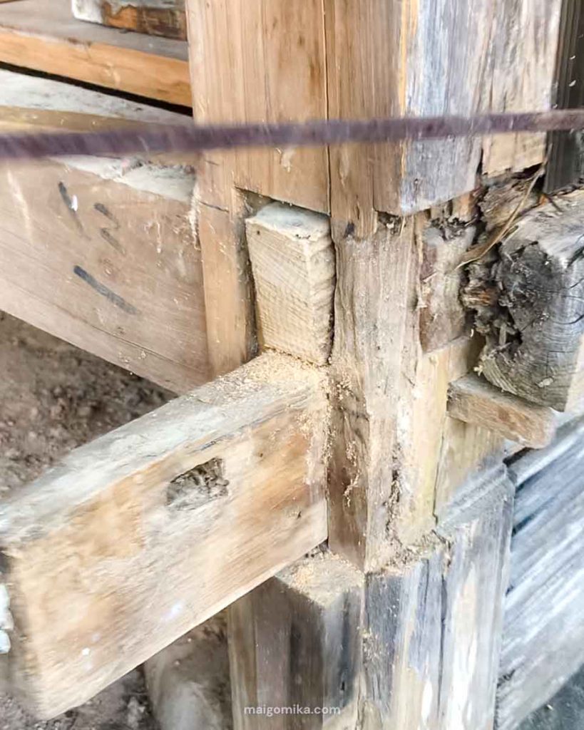 rotting wood on Japanese engawa beam exposed during Japanese House Renovation
