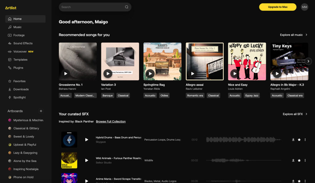artlist main user dashboard