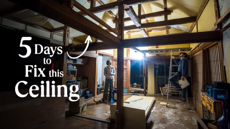 Maigo Mika and Jesse inside their Japanese house, looking up at their completed drywall work on the ceiling