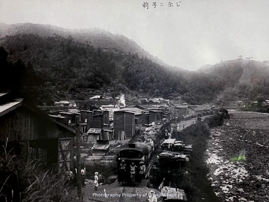 historic black and white pictures of a lumber yard in Japan