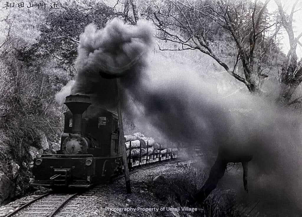 historic black and white picture of a steam engine train carrying lumber in Japan