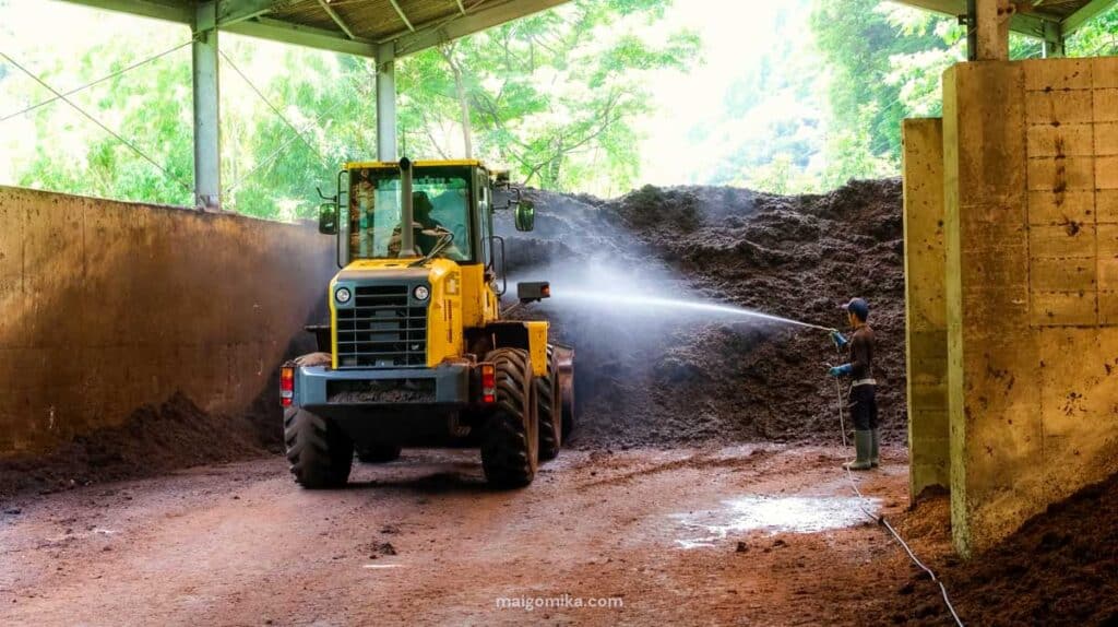 crane turning over organic compost in Japan