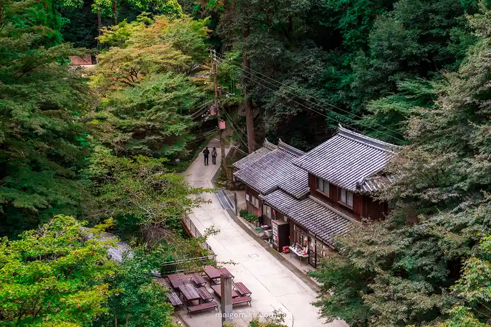 ancient temple grounds with traditional Japanese buildings and path with two people walking