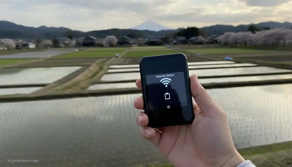pocket wifi with Japanese countryside in the background