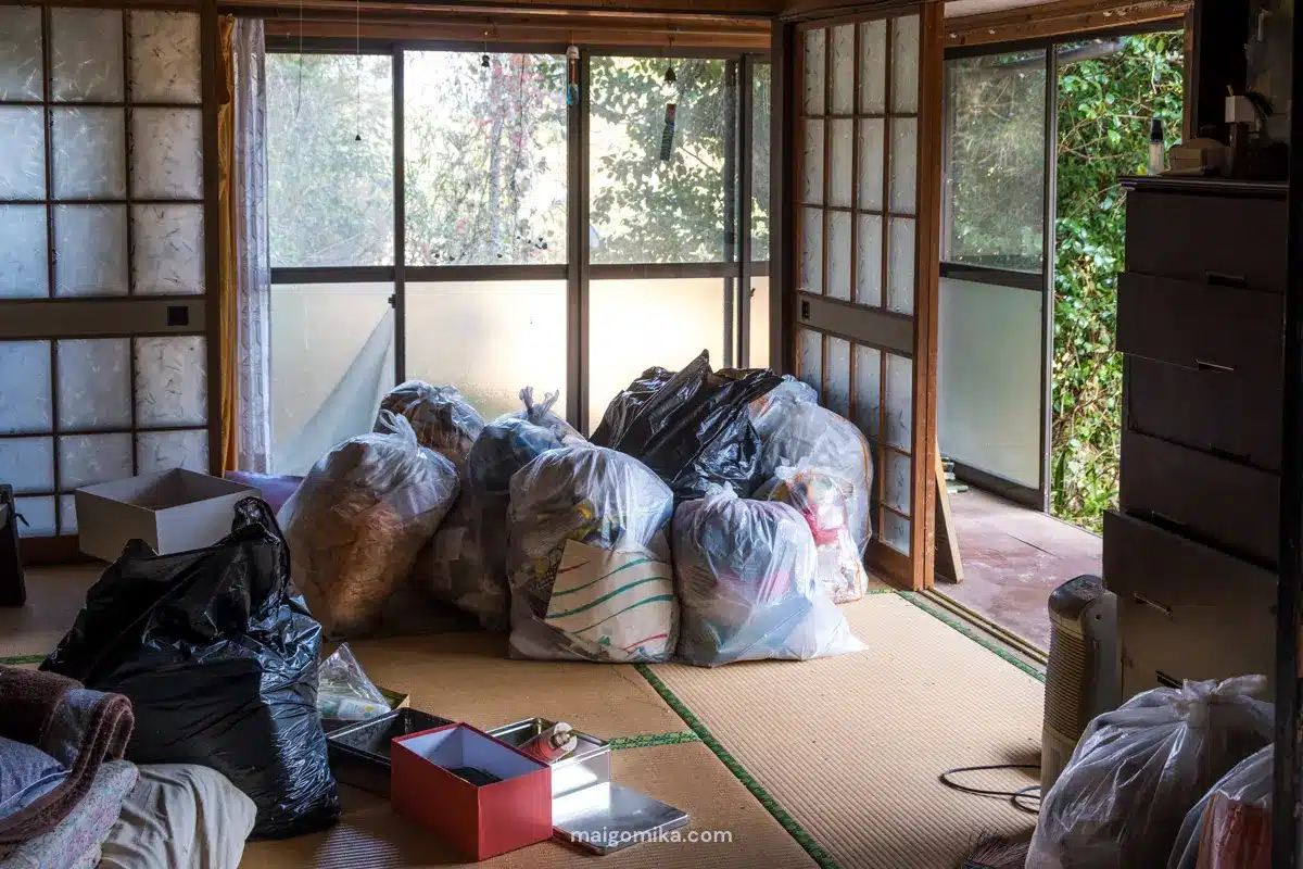 bags of garbage for disposal in an akiya house in Japan