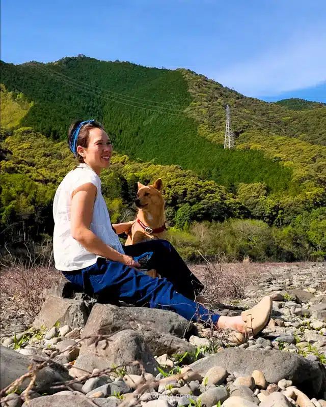 Kyoya Dye Works pants on woman with dog in Japan